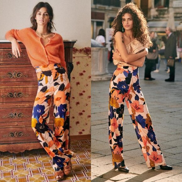 Sezane 100% Silk Baptisto Trousers Gaspard Melon Floral Pants – Size 36 - Picture 1 of 9